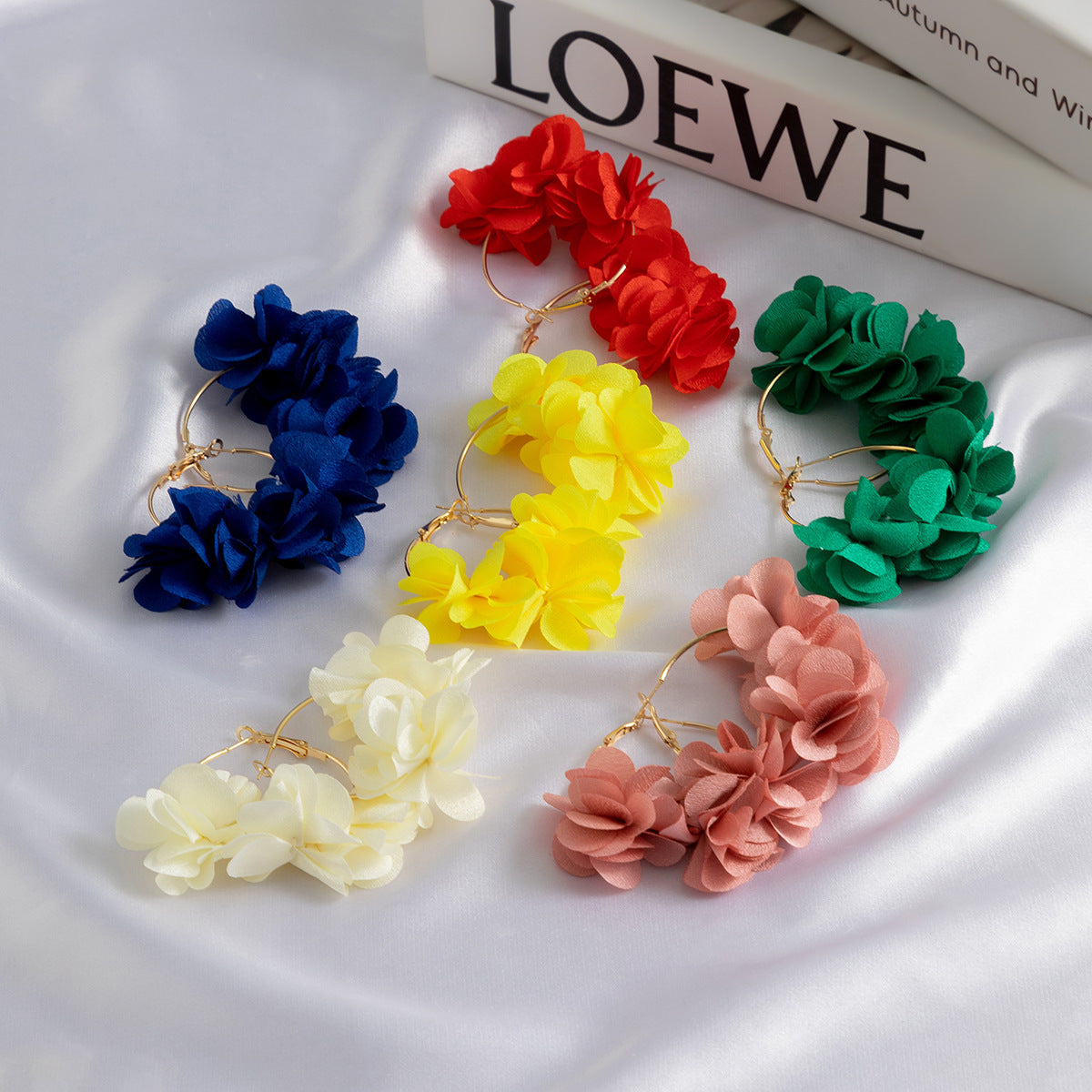 Rustic Floral Rose and Camellia Earrings with Colorful Tassel Embellishment in Metal with Plated Finish
