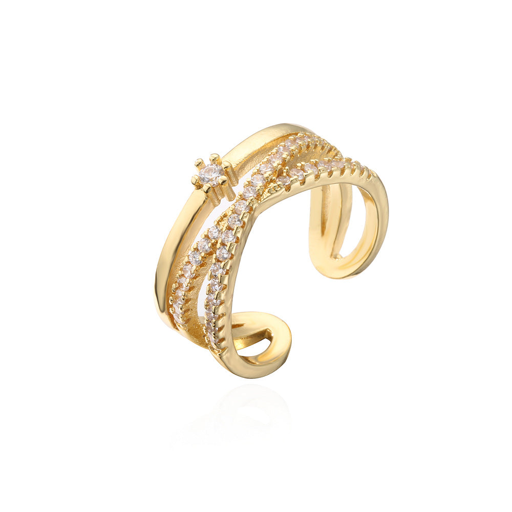 Geometric Gold Plated Brass Micro-Pave Cubic Zirconia Open Ring for Women