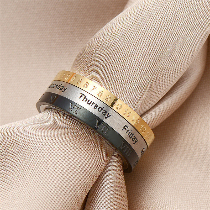 Titanium Steel Calendar Ring with Roman Numerals for Men and Women