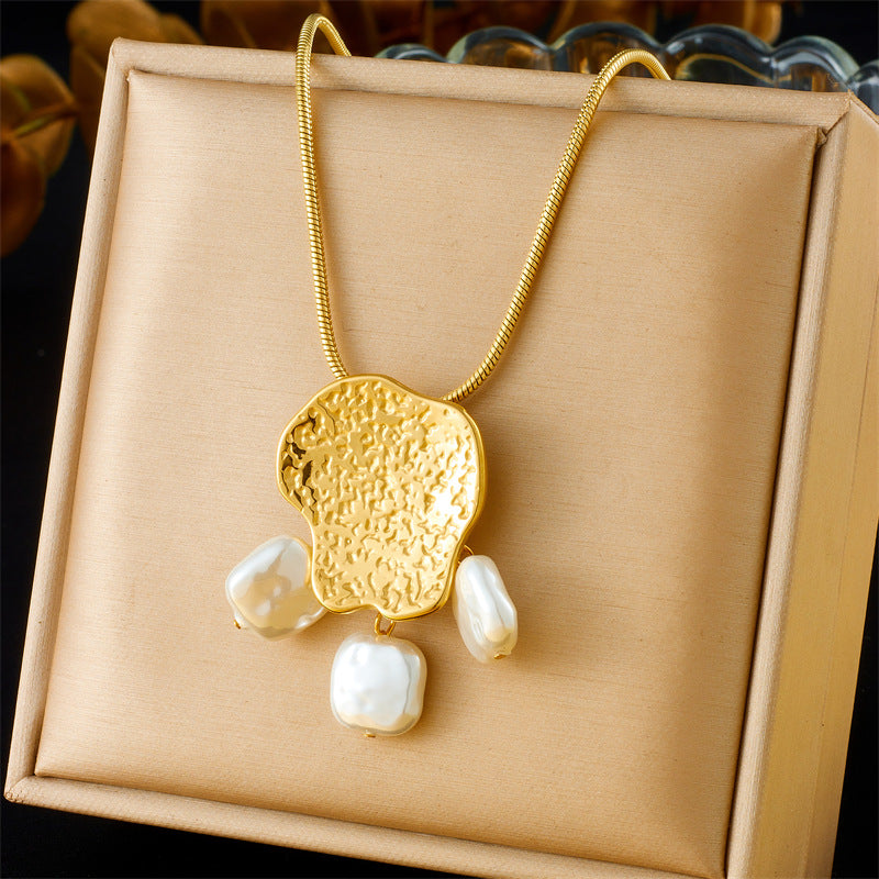 Vintage Gold Plated Geometric Stainless Steel and Pearl Pendant Jewelry Set for Women