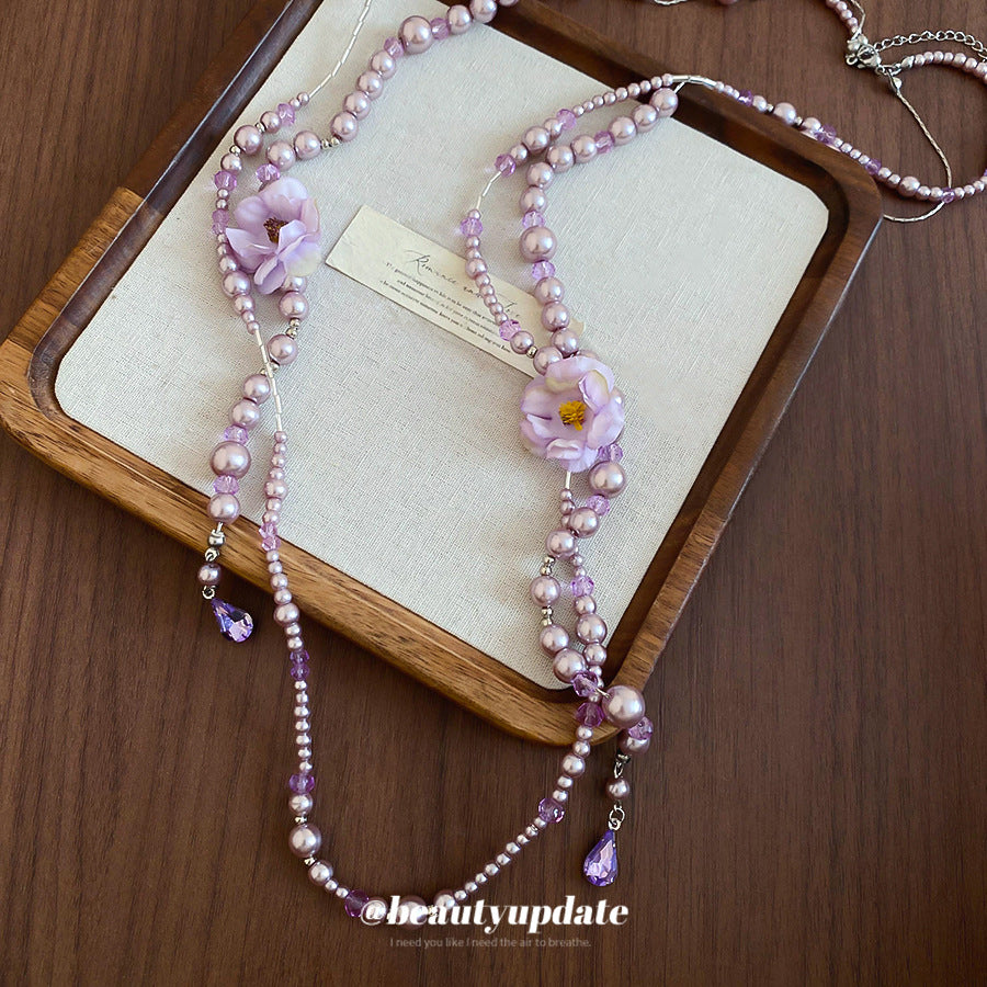 Elegante collar de perlas con flor de tela de estilo francés para mujer con colgante de aleación chapada, delicada cadena para suéter de uso diario