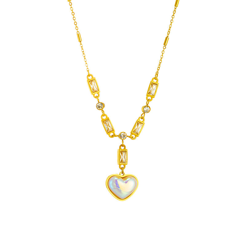 Vintage Elegant Rainbow Pearl Heart Pendant Necklace in Titanium Steel with Rhinestone Inlay and Plated Finish for Women