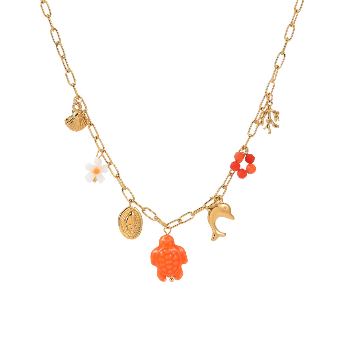 Fashionable Ocean-Themed Necklace with Starfish and Seashell Pendant, Geometric Design, Stainless Steel, Electroplated Finish, for Women