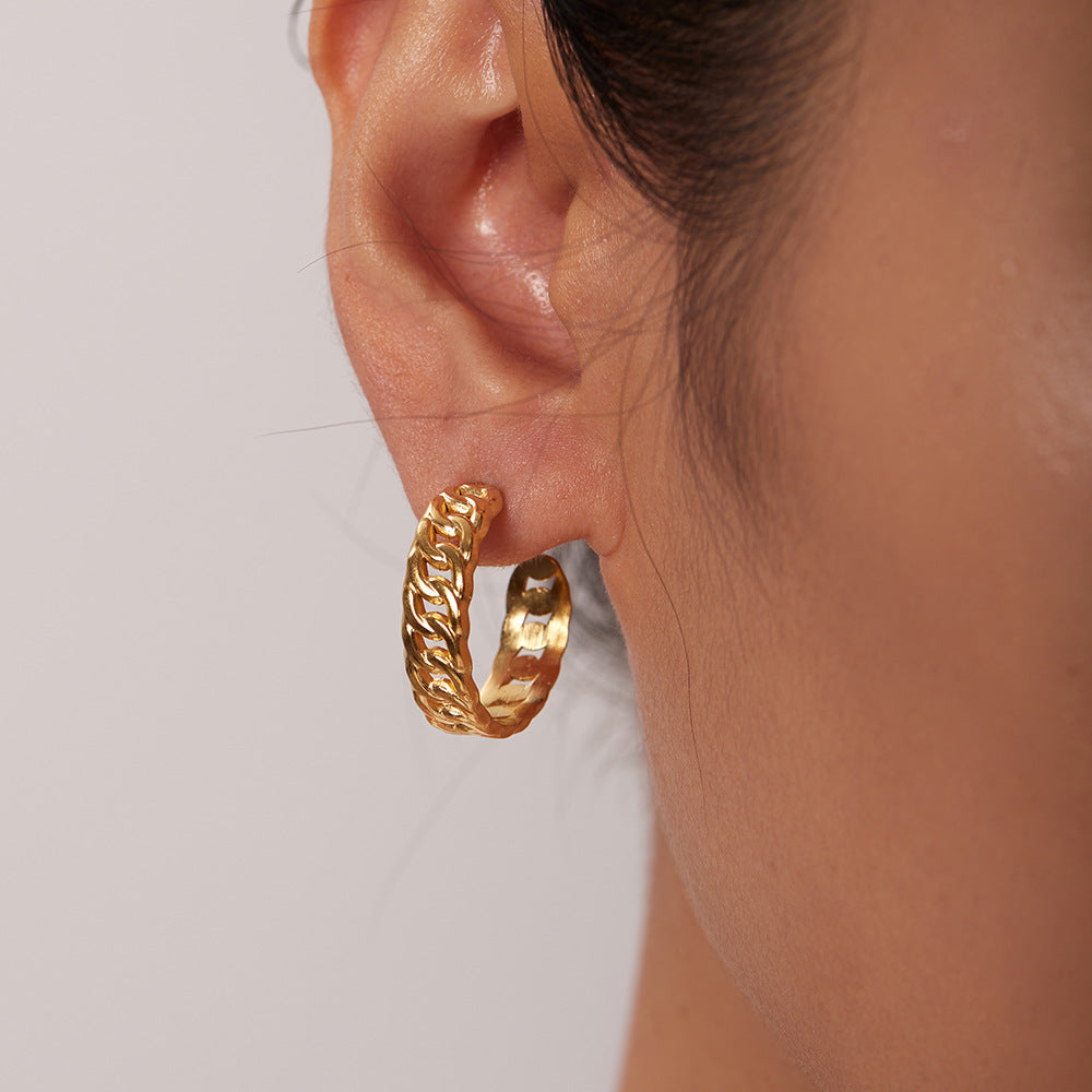 Fashionable 18K Gold Plated Stainless Steel Geometric C-Shaped Chain Hoop Earrings for Women