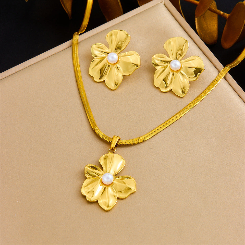 Vintage Gold Plated Heart Teardrop Stainless Steel Necklace and Earring Set with Turquoise and Pearl on Snake Chain for Women