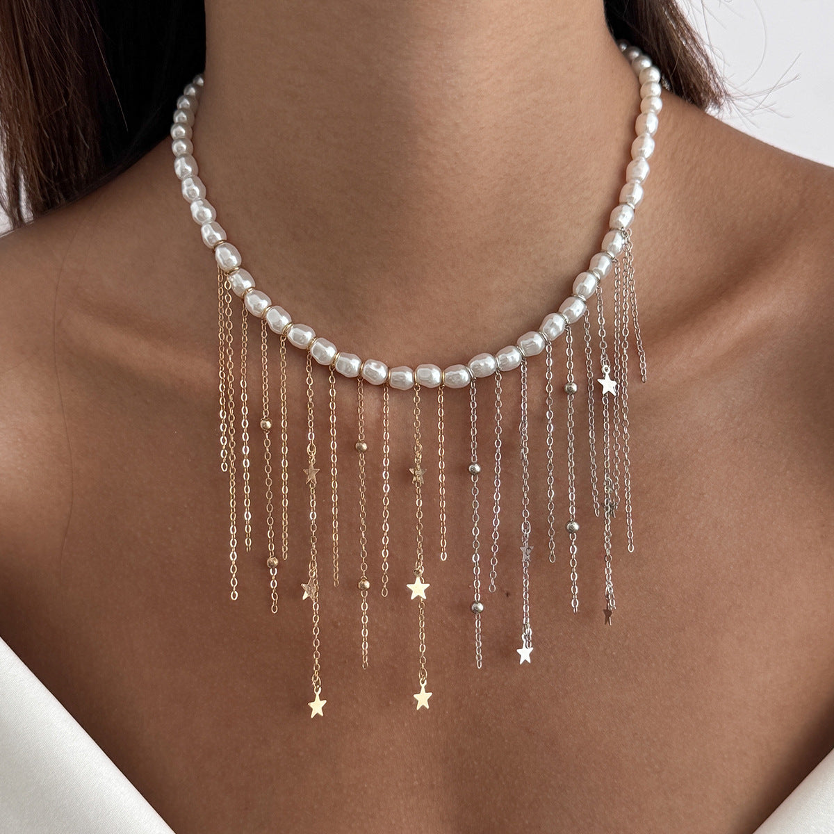 Minimalist Cross Pendant Clavicle Necklace for Women with Imitation Pearl Accents and Crystal Tassels on Electroplated Alloy Chain