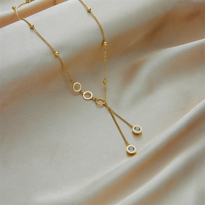 Minimalist Luxe Geometric Tassel Pendant Necklace in Titanium Steel with Rhinestone Inlay and Plated Finish