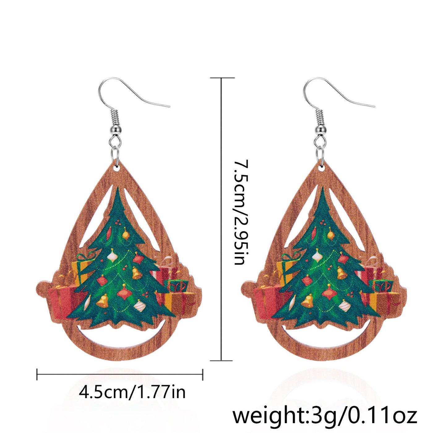 Orecchini natalizi pendenti vintage esotici in legno a forma di goccia con motivi di fiocchi di neve, alberi di Natale e Babbo Natale stampati