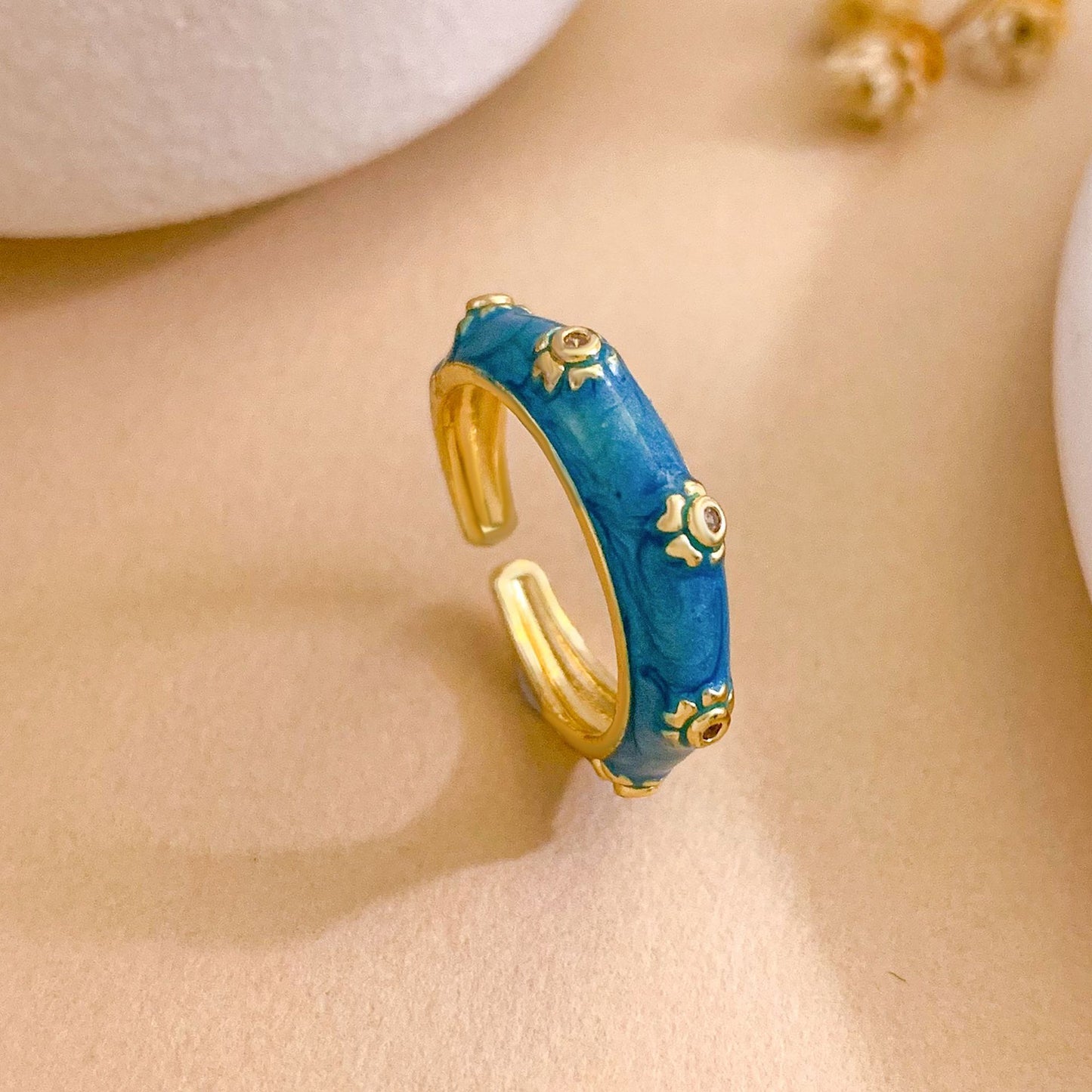 Vintage Sweet Floral Enamel Gold Plated Brass Open Ring for Women