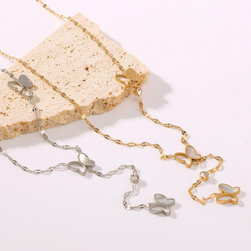 Elegant Minimalist Butterfly Hollow Shell Tassel Necklace Titanium Steel Plated Chain for Women