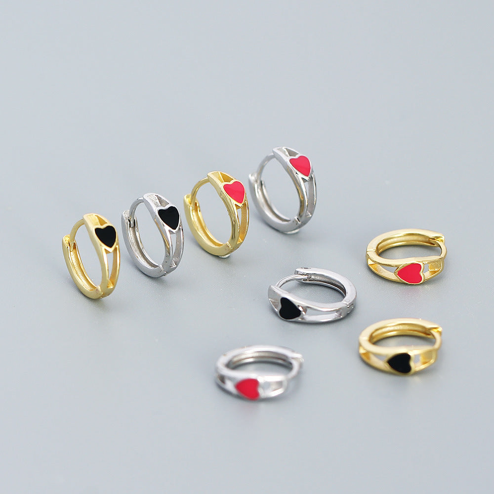 Minimalist Heart-Shaped S925 Sterling Silver Enamel Earrings for Women with Polished Finish