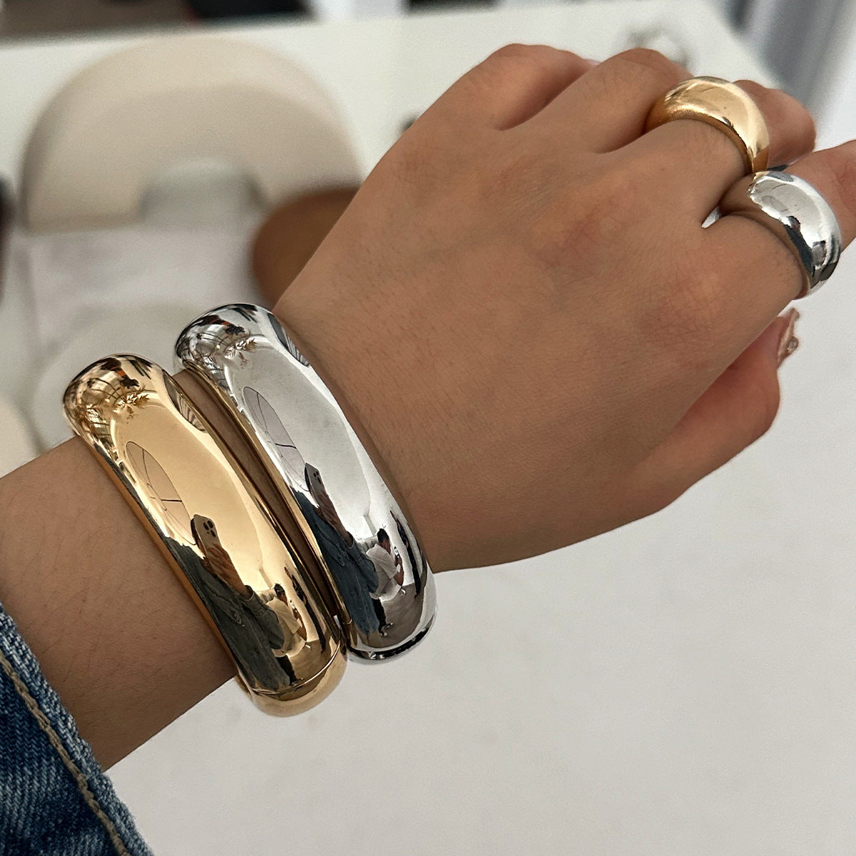 Minimalist Irregular Geometric Plated Alloy Wide Cuff Bracelet Ring Set