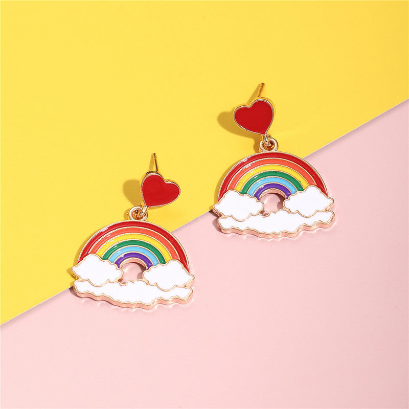 Cartoon Style Heart and Cloud Shape Enamel Alloy Children's Stud Earrings with Rainbow and Love Motifs