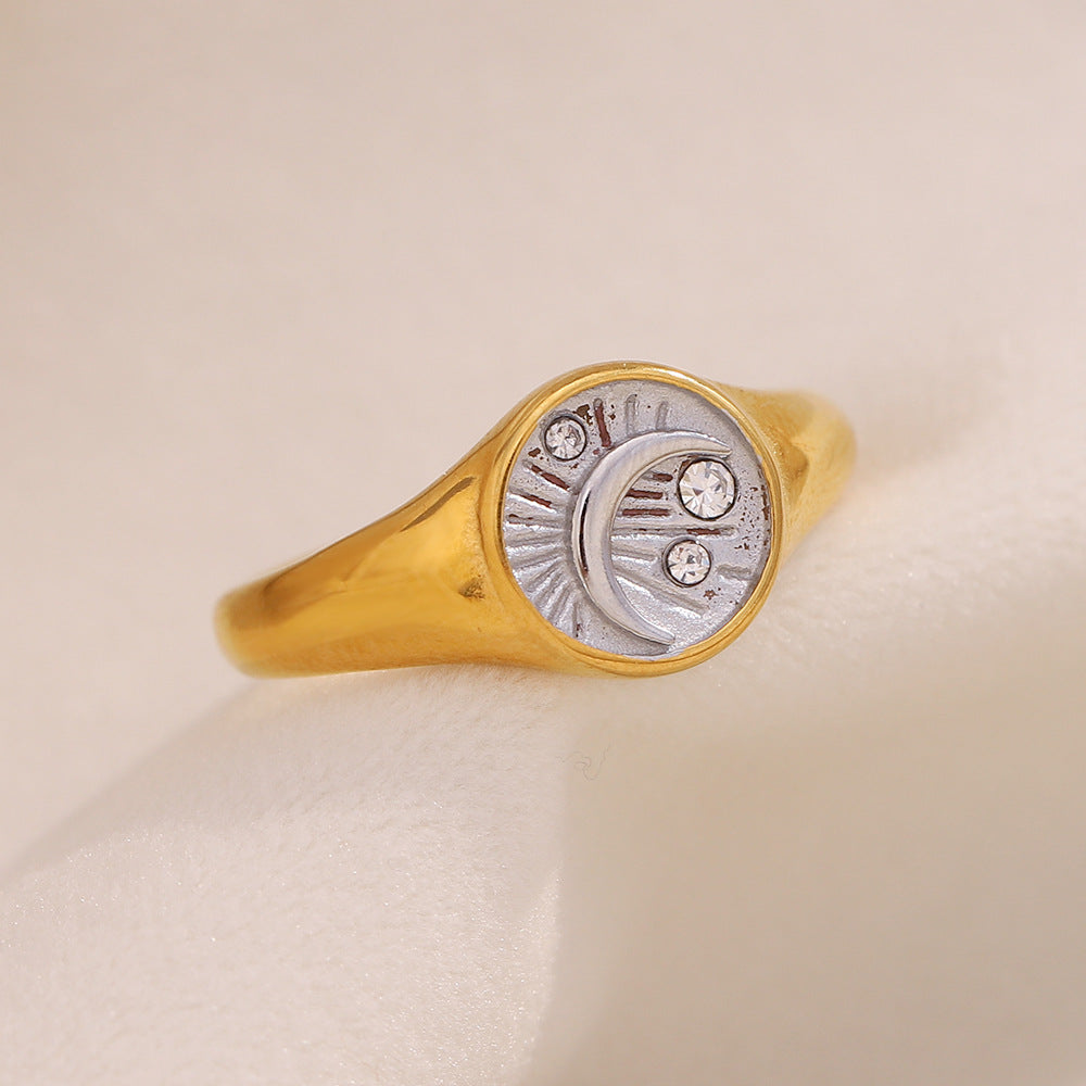Minimalist Moon-Shaped Geometric Stainless Steel Ring with 18K Gold Plating for Women