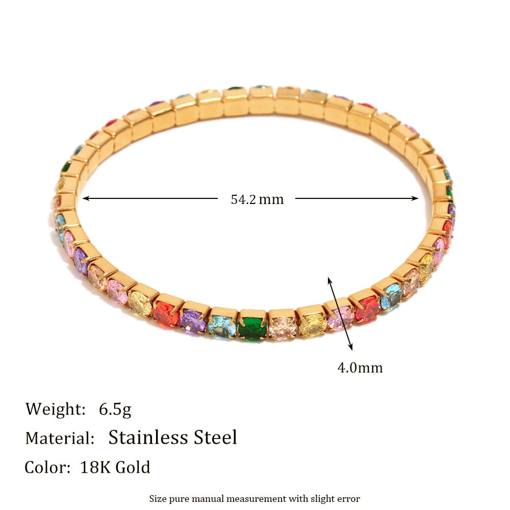 Fashionable Minimalist Geometric Stainless Steel Plated 18K Gold Elastic Bracelet with Colorful Zircon for Women