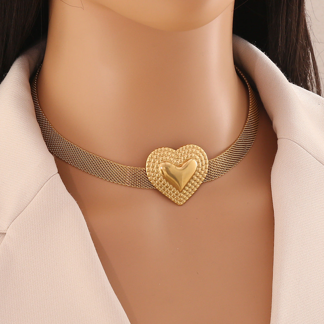 Bold French Mesh Heart and Star Pendant Necklace in Titanium Steel with Plated Finish for Women