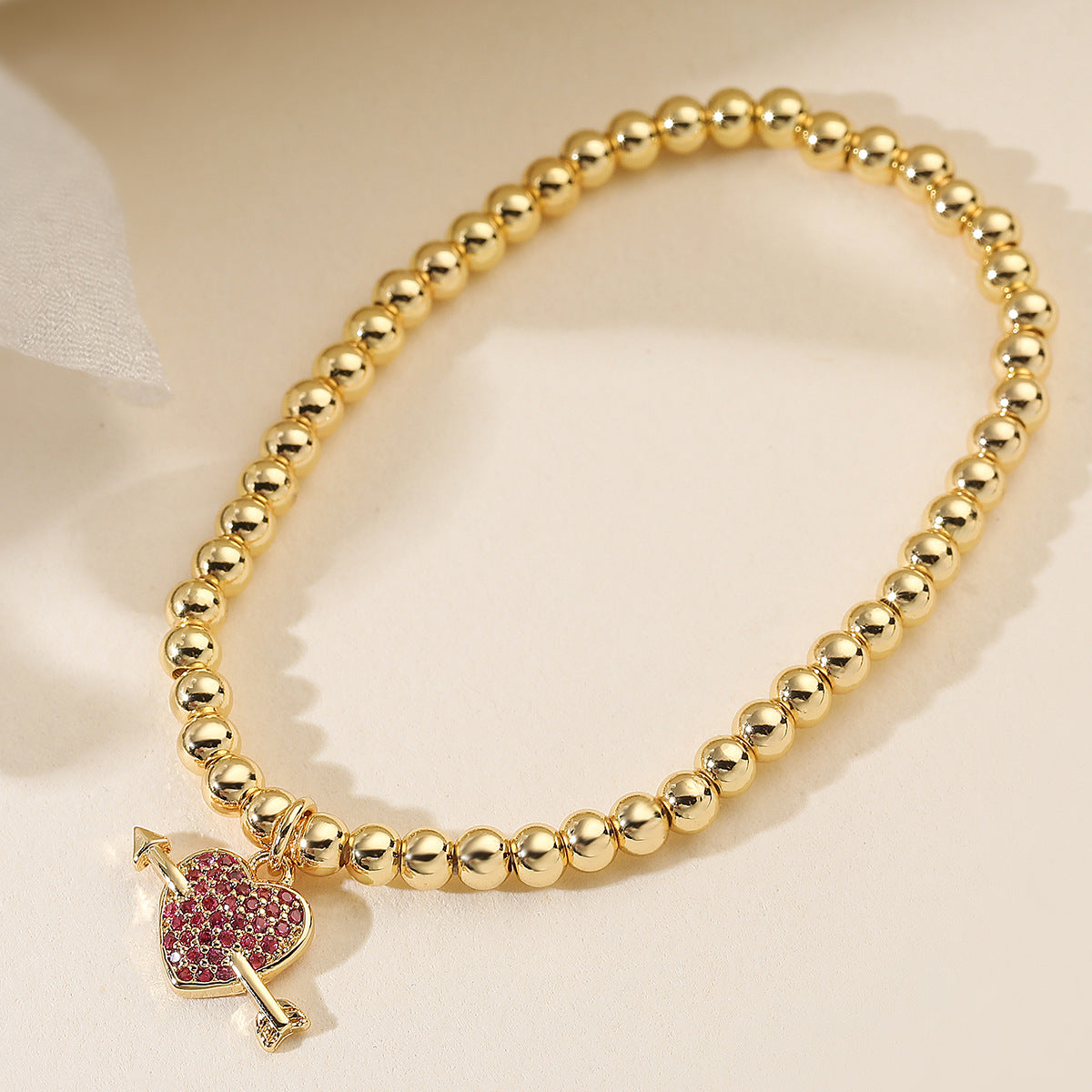 18K Gold Plated Brass Heart Geometric Cubic Zirconia Inlay Ball Chain Bracelet for Women