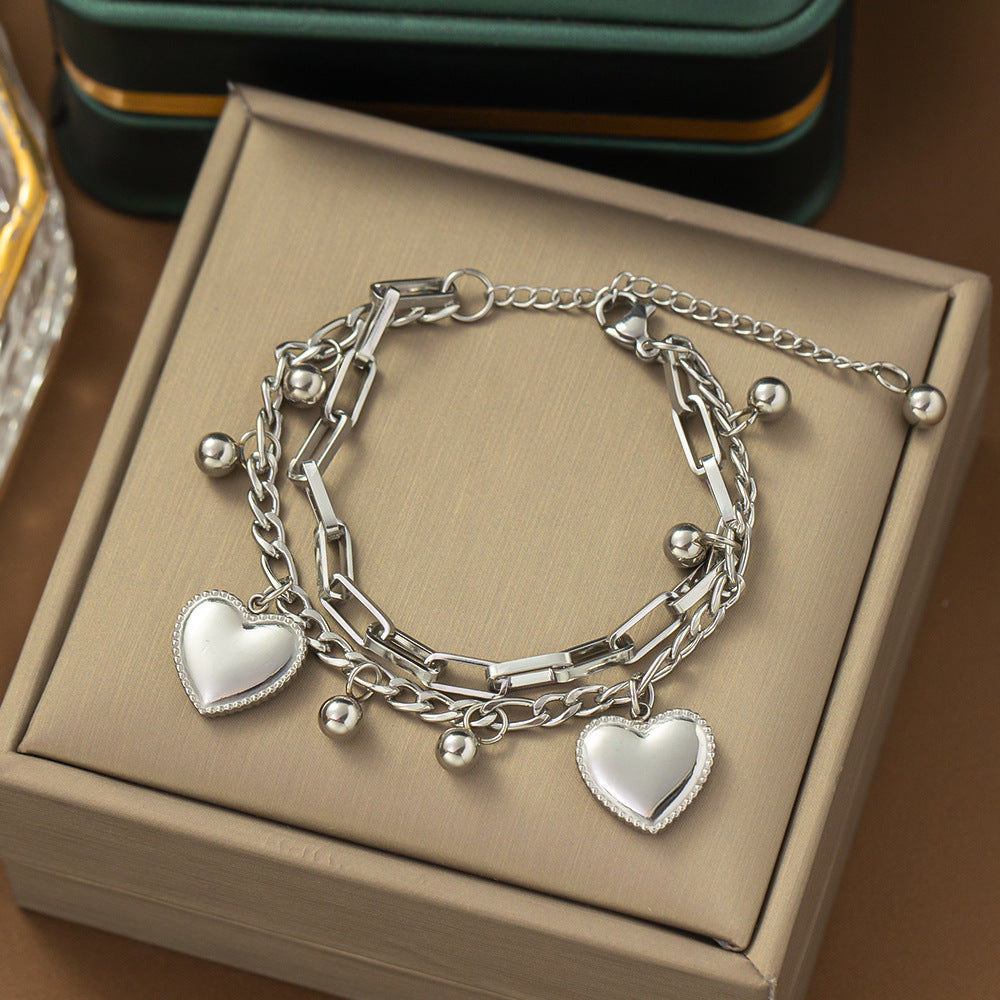 Sweet Minimalist Heart-Shaped Double-Layer Stainless Steel Bracelet with Plated Finish for Women
