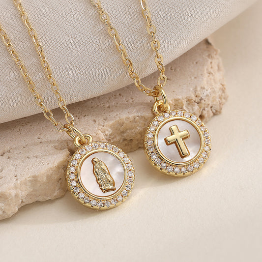 Minimalist 18K Gold Plated Brass Round Cross Pendant Necklace with Cubic Zirconia for Women