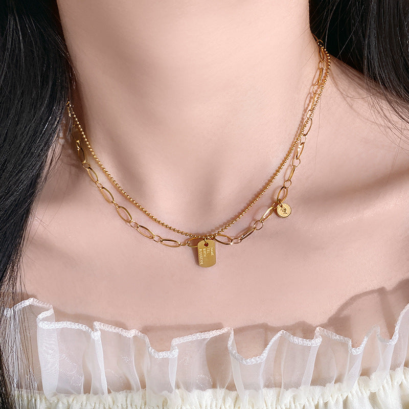 Layered Square Portrait Queen Head Titanium Steel Necklace Plated Geometric Pendant for Unisex