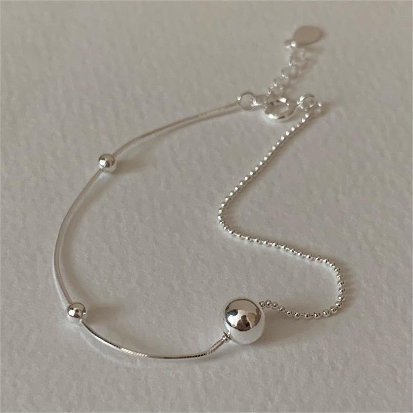 Minimalist Geometric S925 Sterling Silver Snake Chain Bracelet with Beaded Cubic Links