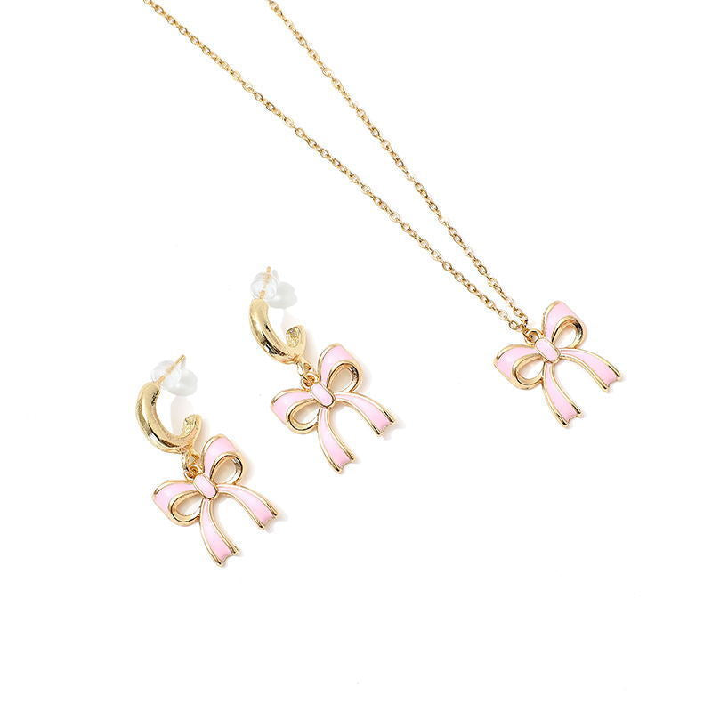 Sweet PVD Stainless Steel Necklace with Alloy Drip Oil Bow Pendant
