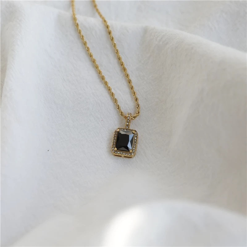 Minimalist Geometric Square Pendant Necklace in Titanium Steel with Rhinestone Pave Setting and Plated Finish for Women