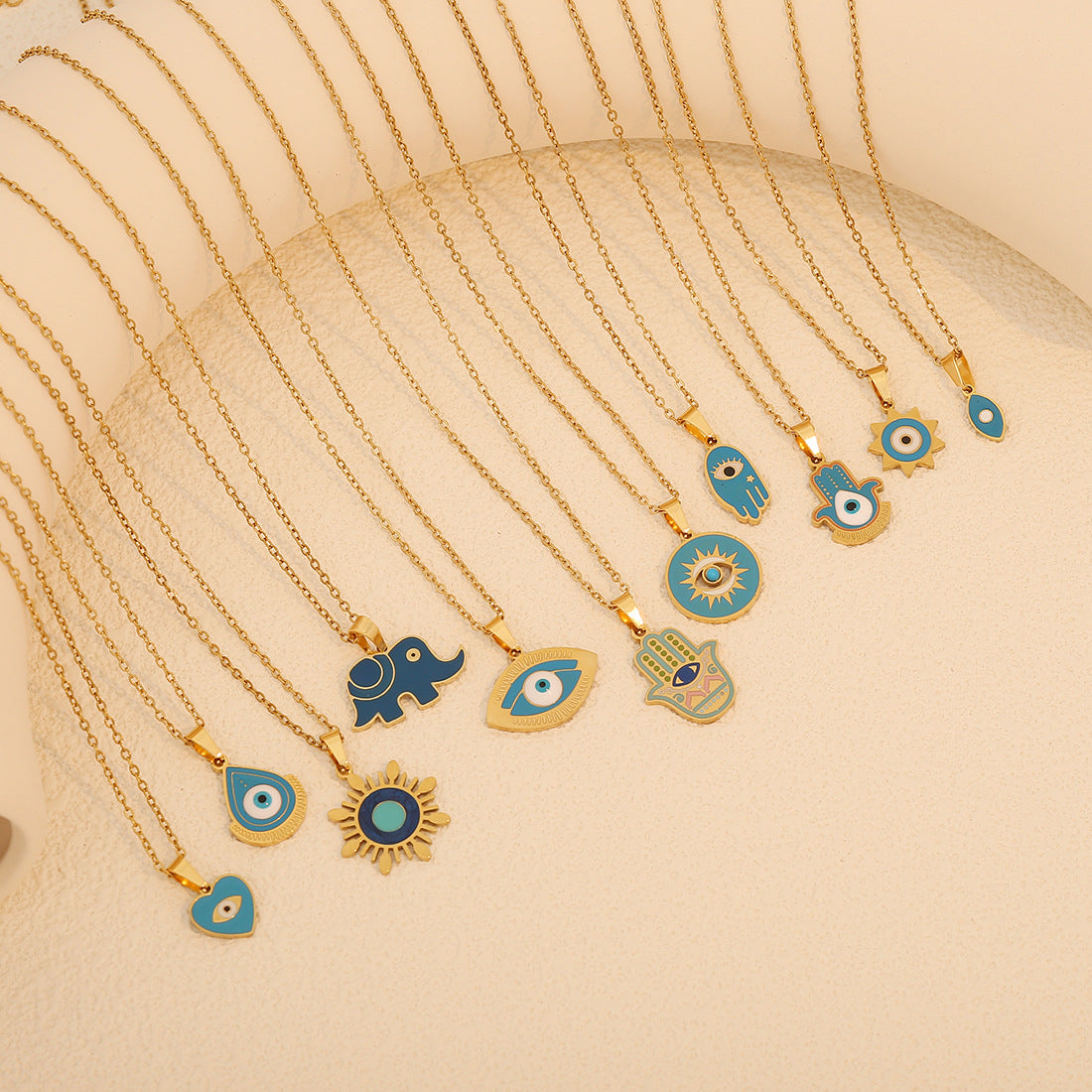 Minimalist Blue Enamel Eye Pendant Necklace with Hand Charm in Stainless Steel