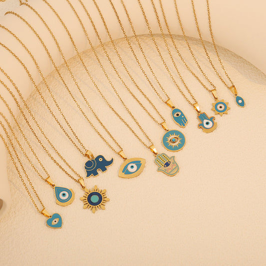 Collana con ciondolo occhio smaltato blu minimalista con charm a mano in acciaio inossidabile