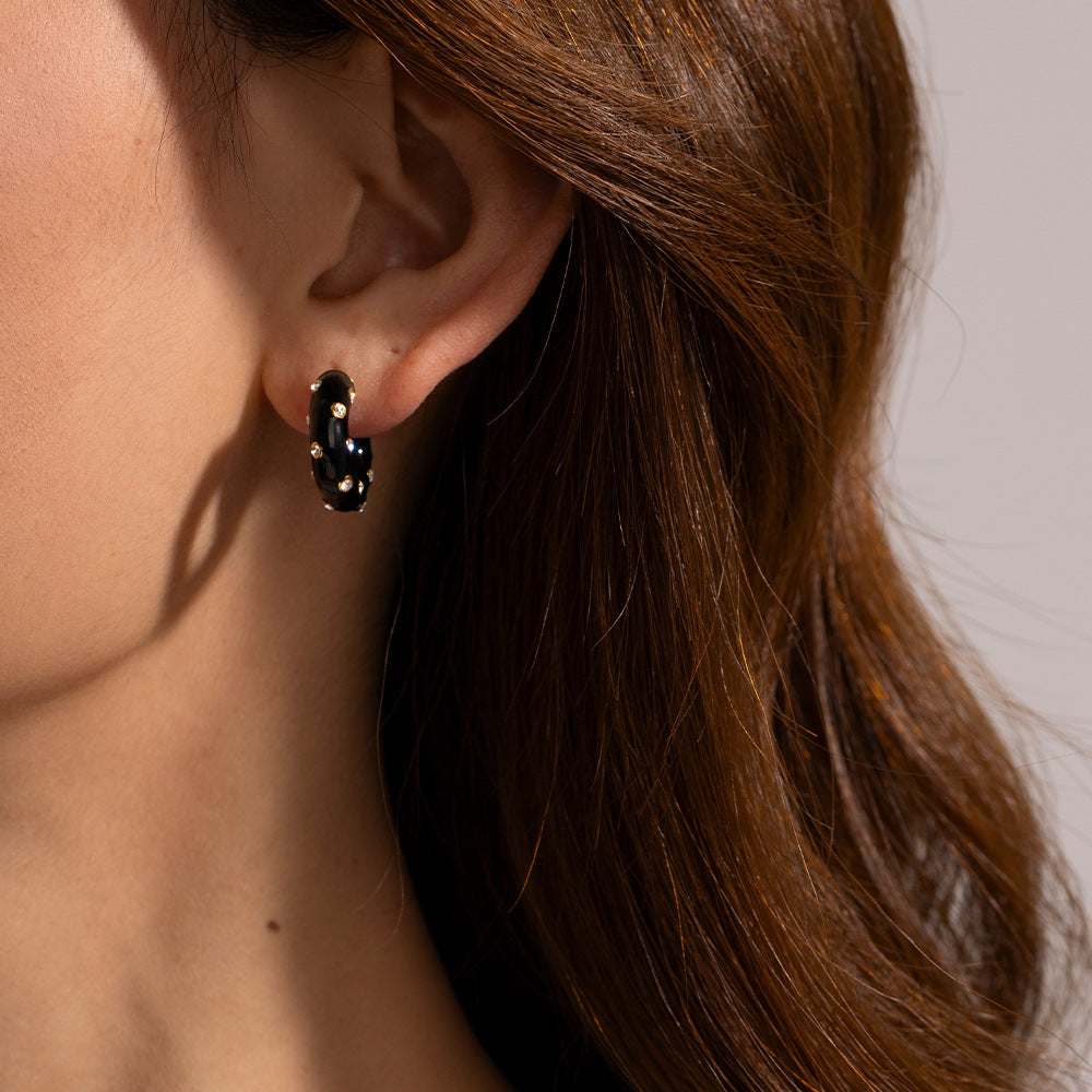Fashionable Ins Style 18K Plated Stainless Steel Black Enamel Rhinestone C-Shape Geometric Hoop Earrings for Women