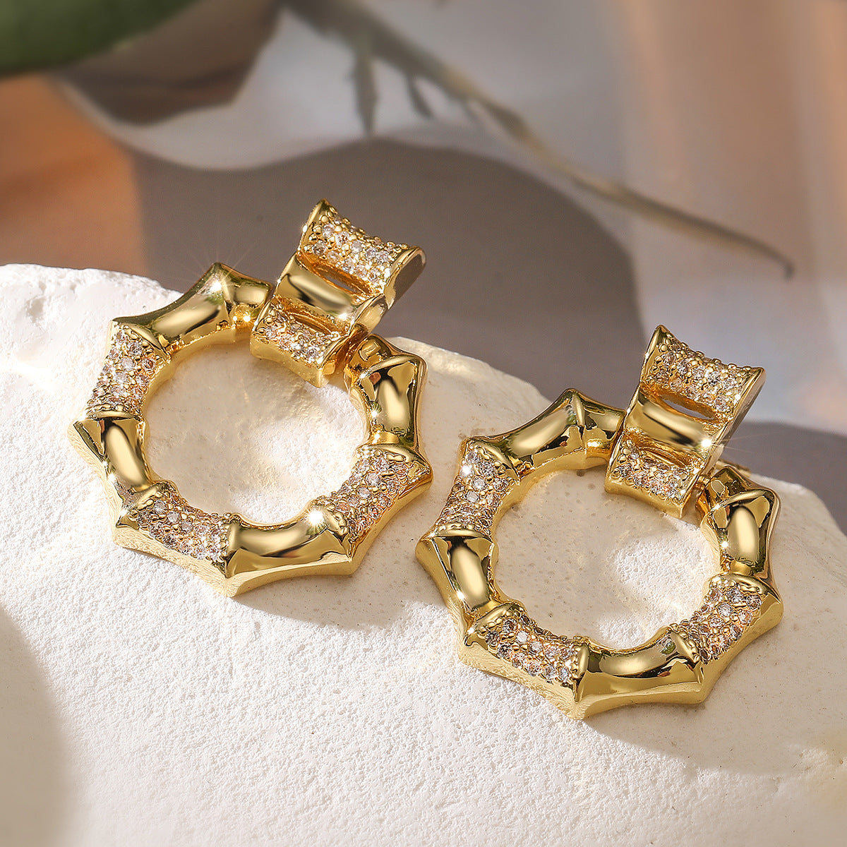 Minimalist Geometric Copper Earrings with 18K Gold Plating and Zircon Inlay for Women