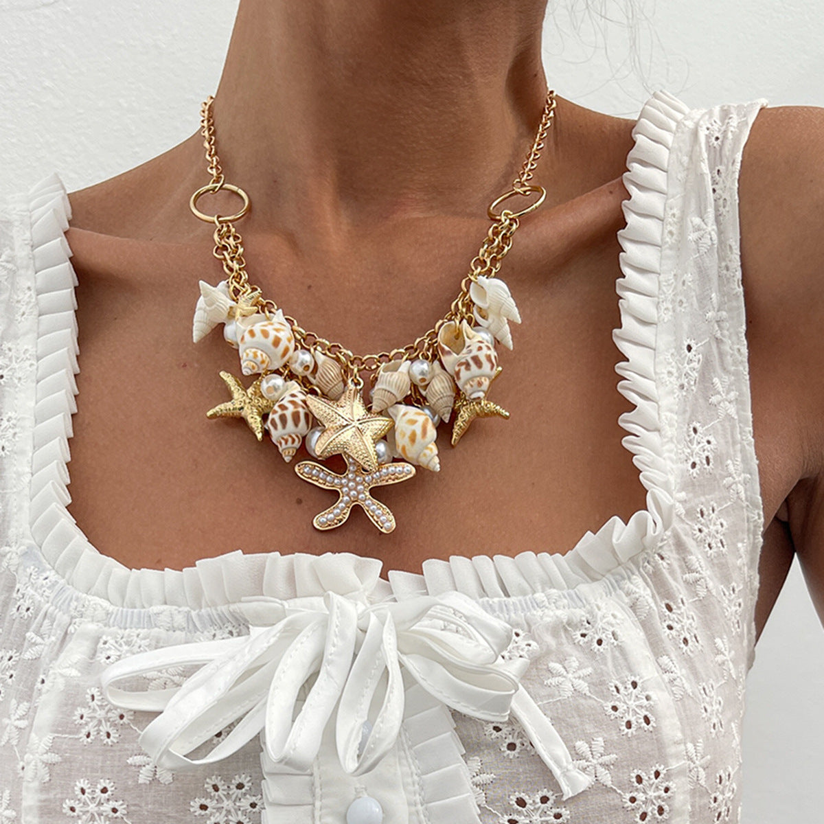 Bohemian Vintage Geometric Alloy Plated Necklace with Shell Starfish Conch Pendant for Women
