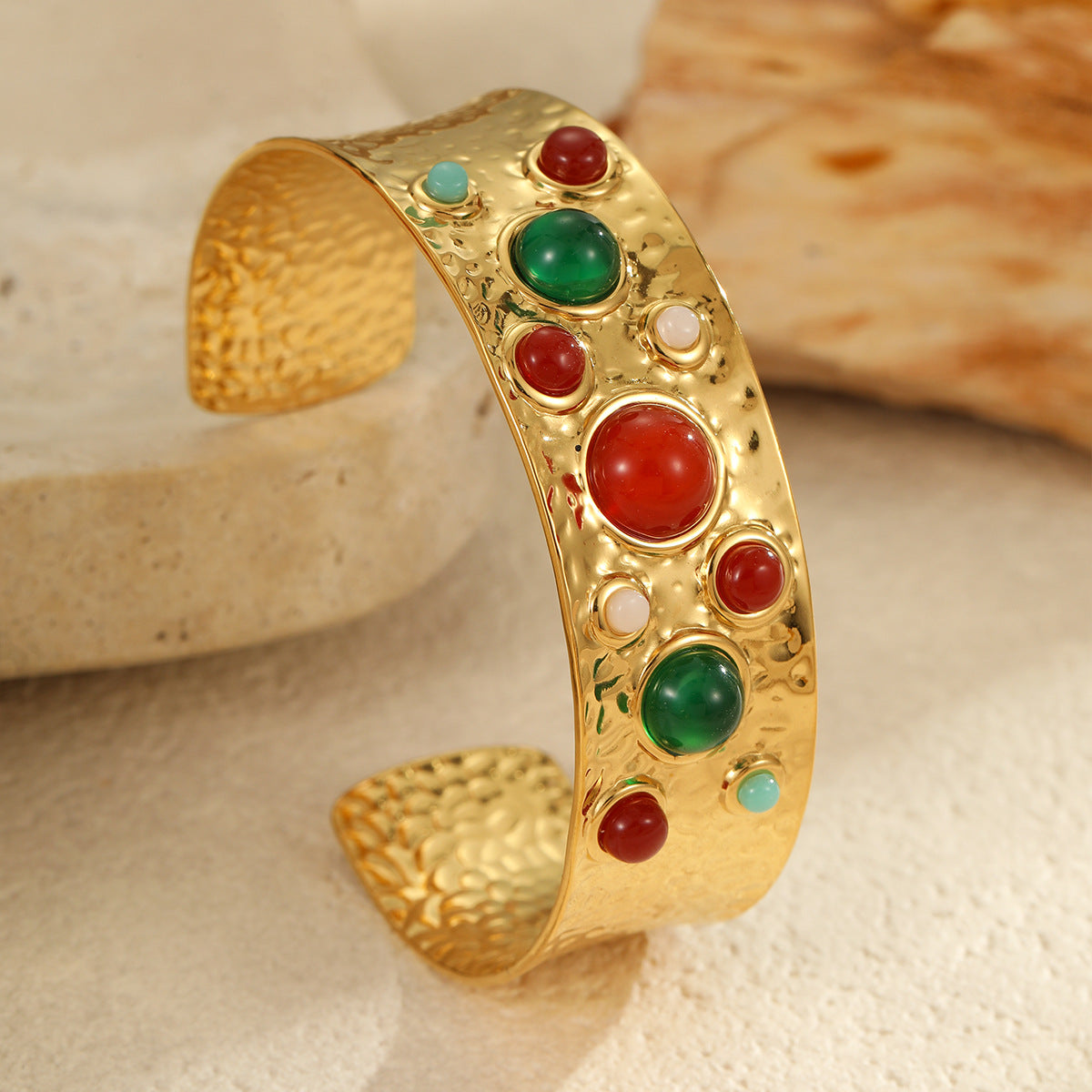 Vintage French Style Geometric Shaped Titanium Steel Bracelet with Colorful Natural Stones and Electroplated Finish for Women