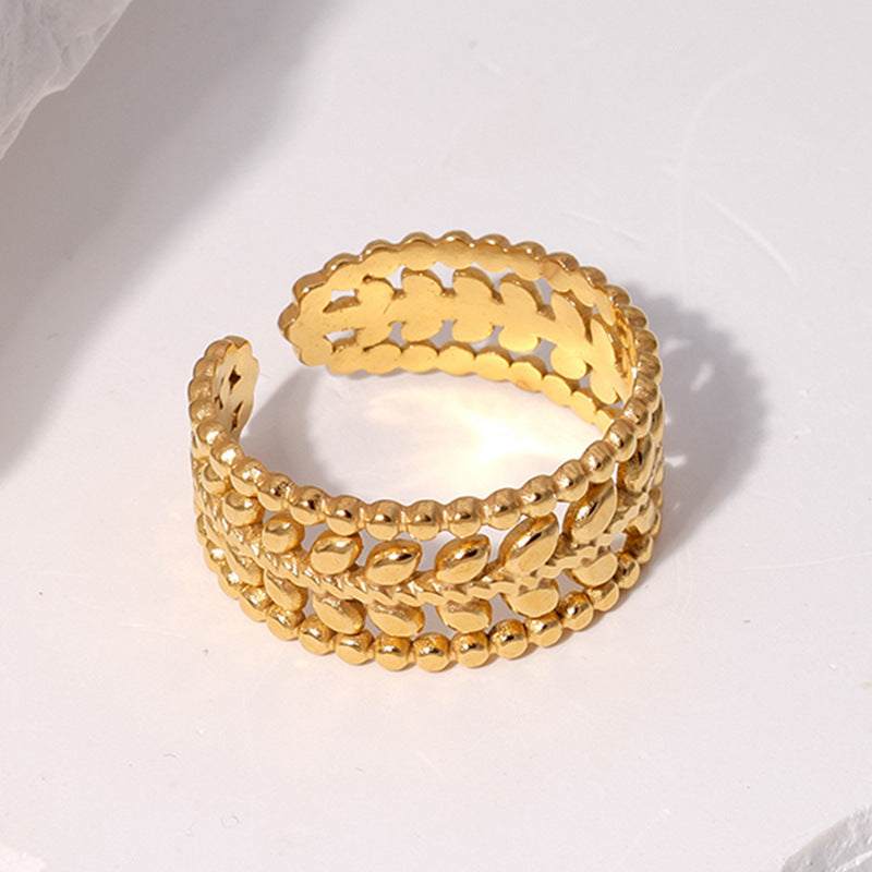 Anillo Minimalista de Acero de Titanio con Forma de Hoja para Mujer, Chapado en Oro de 18K y Banda Abierta Ajustable