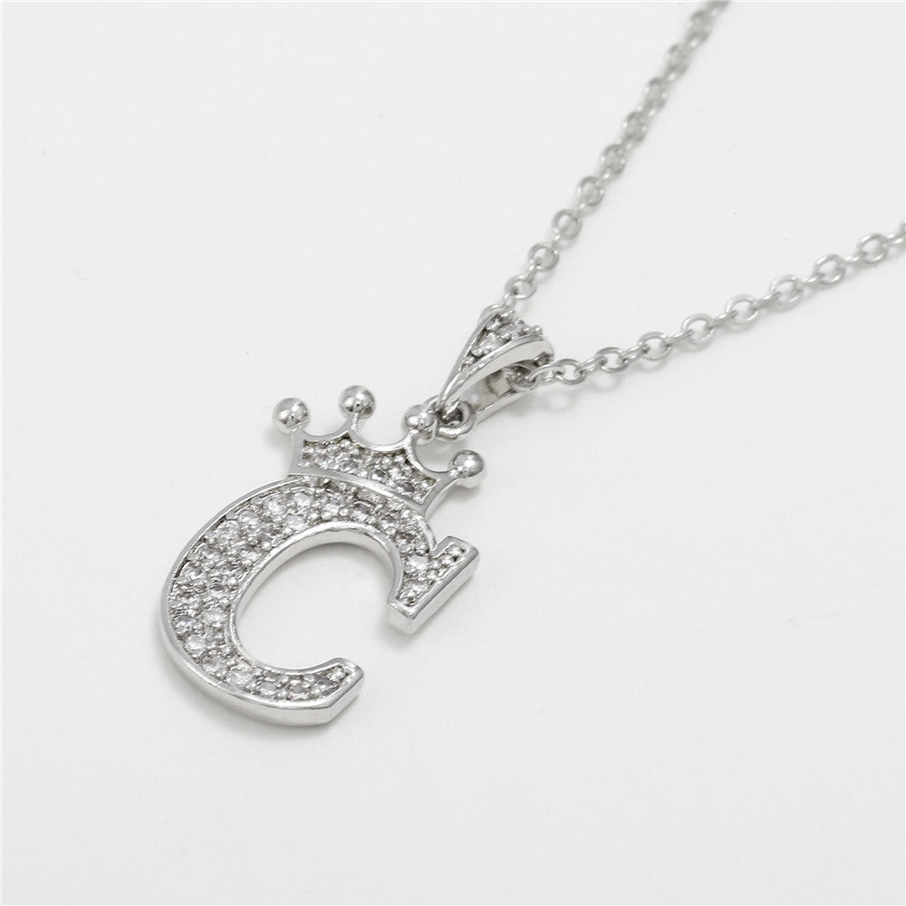 Minimalist Crown Letter Cubic Zirconia Micro-inlay Brass Necklace with Cable Chain