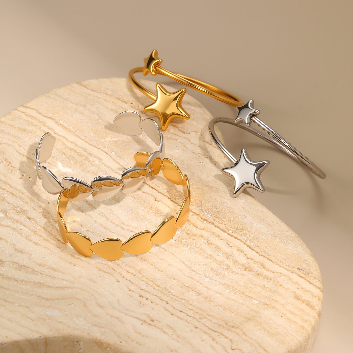 Bracciale da donna in acciaio inossidabile placcato oro 18 carati con cuori e stelle geometrici, alla moda per l'ufficio