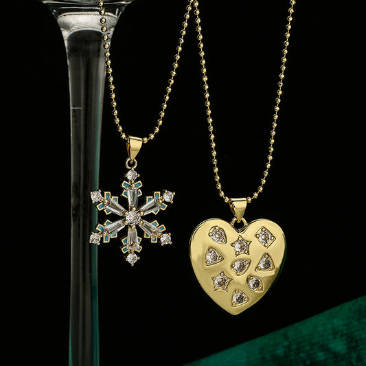 Minimalist Snowflake Heart Pendant Necklace for Women in Copper with Real Gold Plating and Zircon Inlay