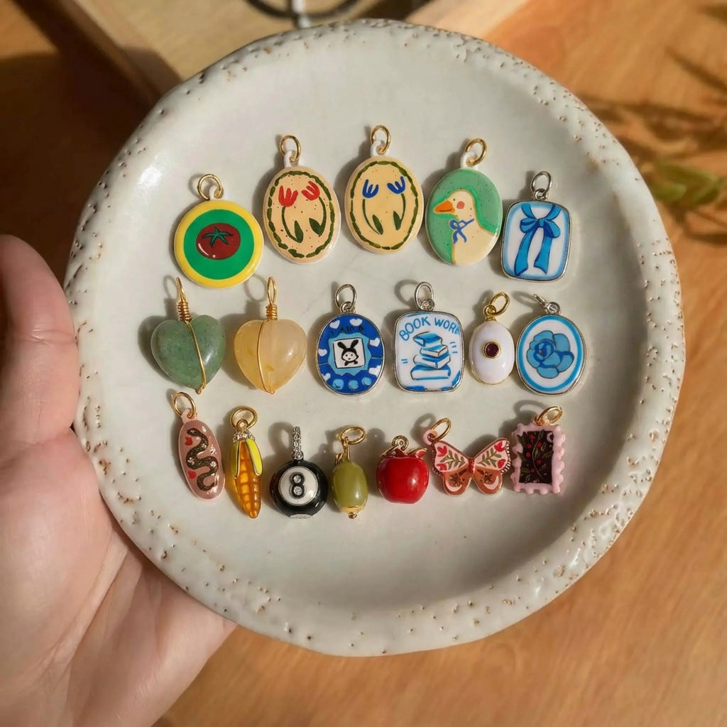 Vintage Artistic Hand-Painted Floral Animal Geometric Cartoon Brass Pendant Necklace