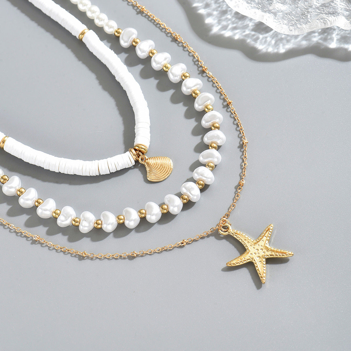 Casual Geometric Ocean-Inspired Long Necklace Set for Women with Shell and Star Pendant, Woven Zinc Alloy Locket Chain