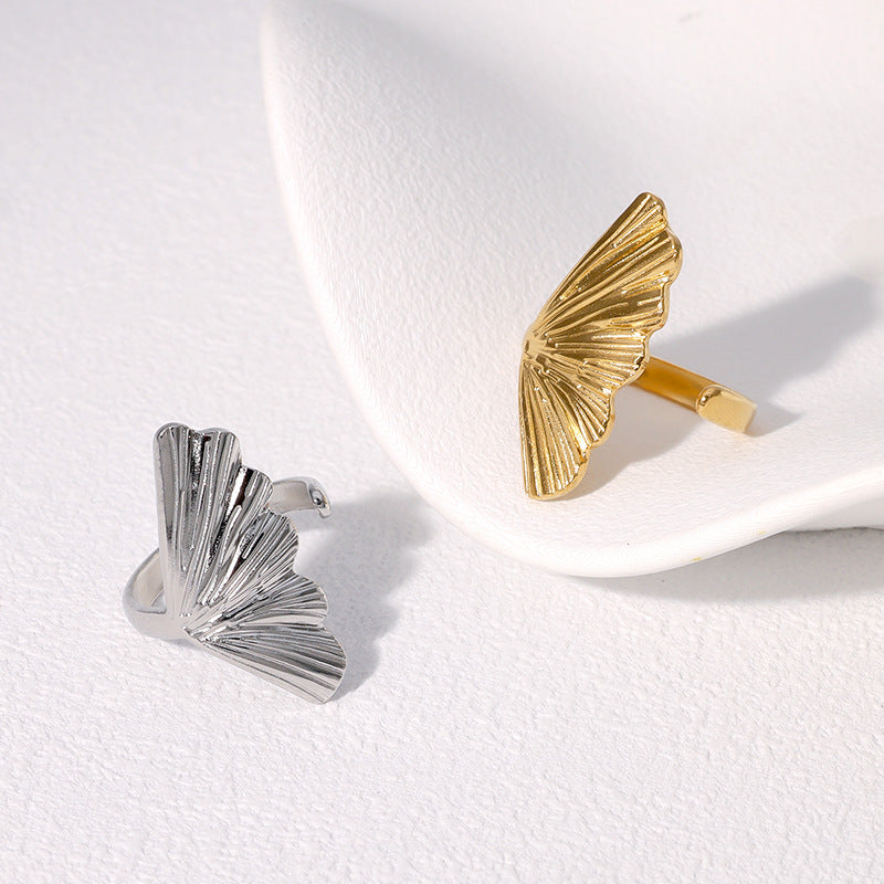 Minimalist Leaf-Shaped Stainless Steel Adjustable Ring with 18K Gold Plating for Women