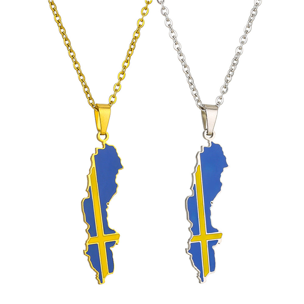 Collana con Ciondolo Minimalista Bandiera Svedese in Acciaio Inox con Finitura Smaltata su Catena a O per Uso Unisex