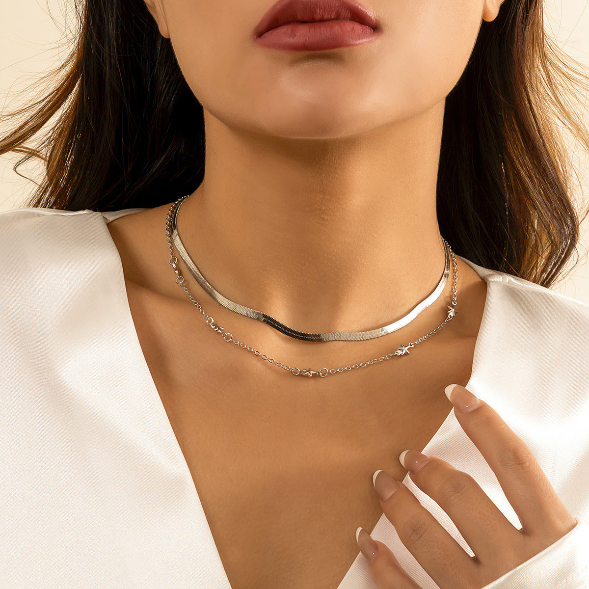 Punk Hip-hop Geometric Oval Plated Alloy Double Layer Snake Chain Necklace for Women