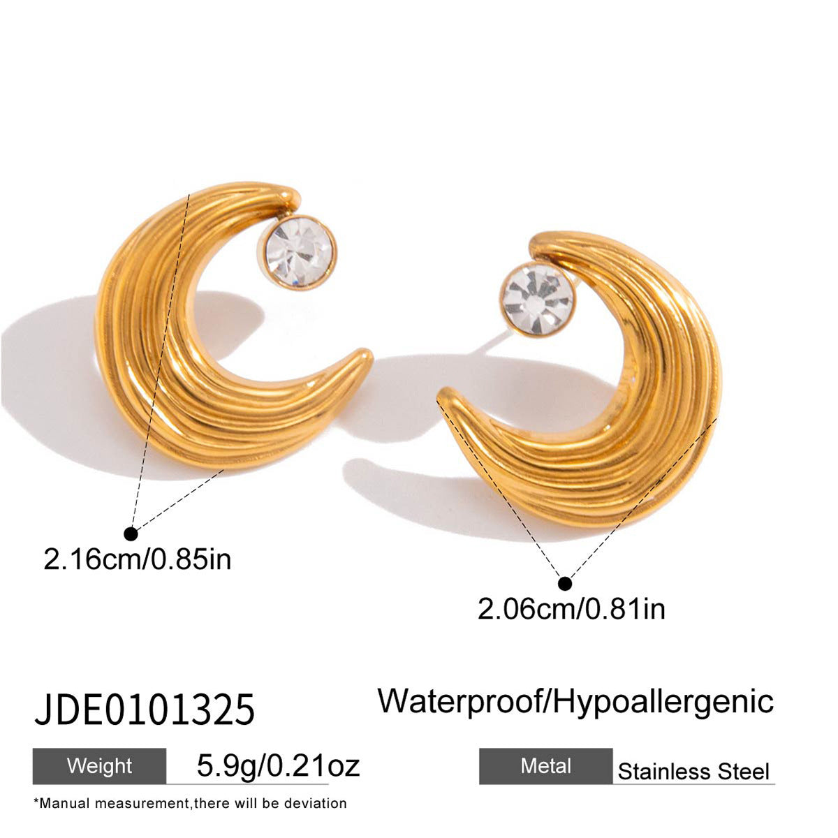 Elegant Moon Rhinestone PVD Stainless Steel Stud Earrings for Women
