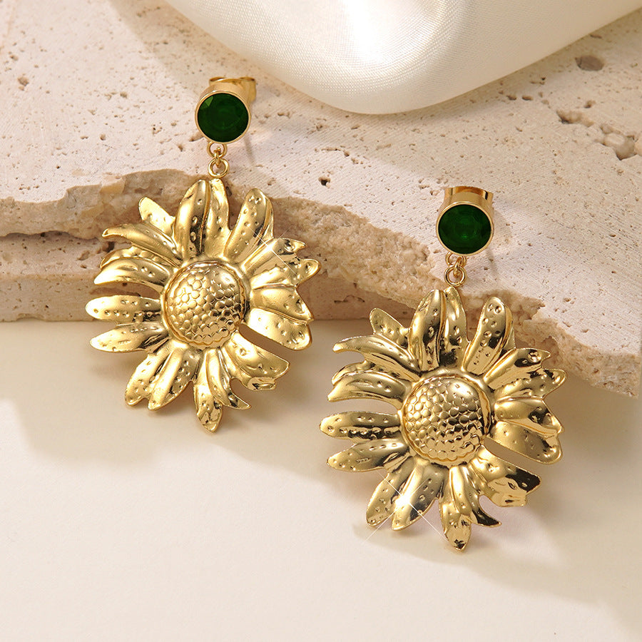 Orecchini a perno esagerati vintage in acciaio inossidabile con girasole intarsiato di strass per donna