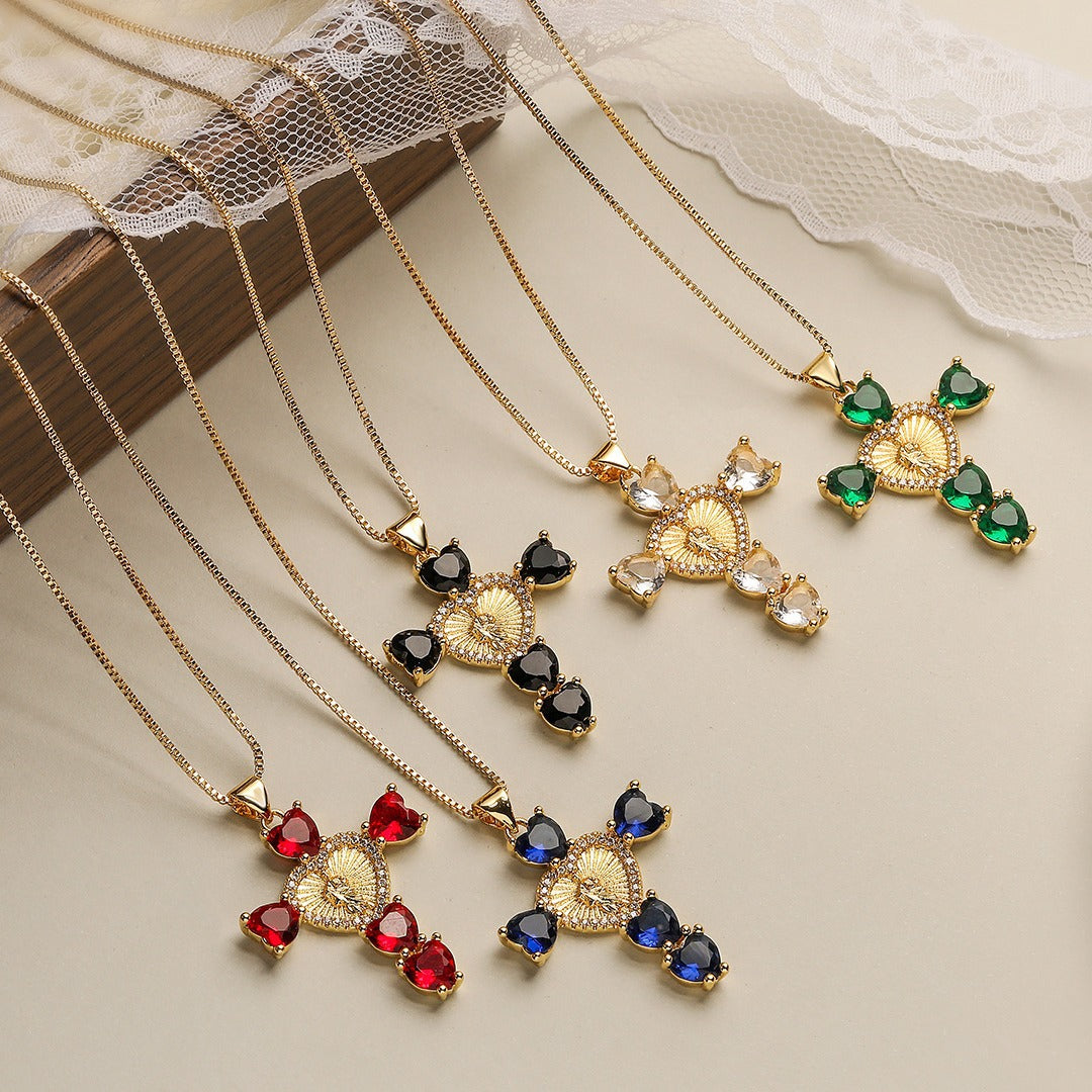 Collana pendente a croce minimalista da donna in rame con placcatura in oro 18 carati e intarsio in zircone