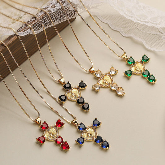 Minimalist Cross Pendant Necklace for Women in Copper with 18K Gold Plating and Zircon Inlay