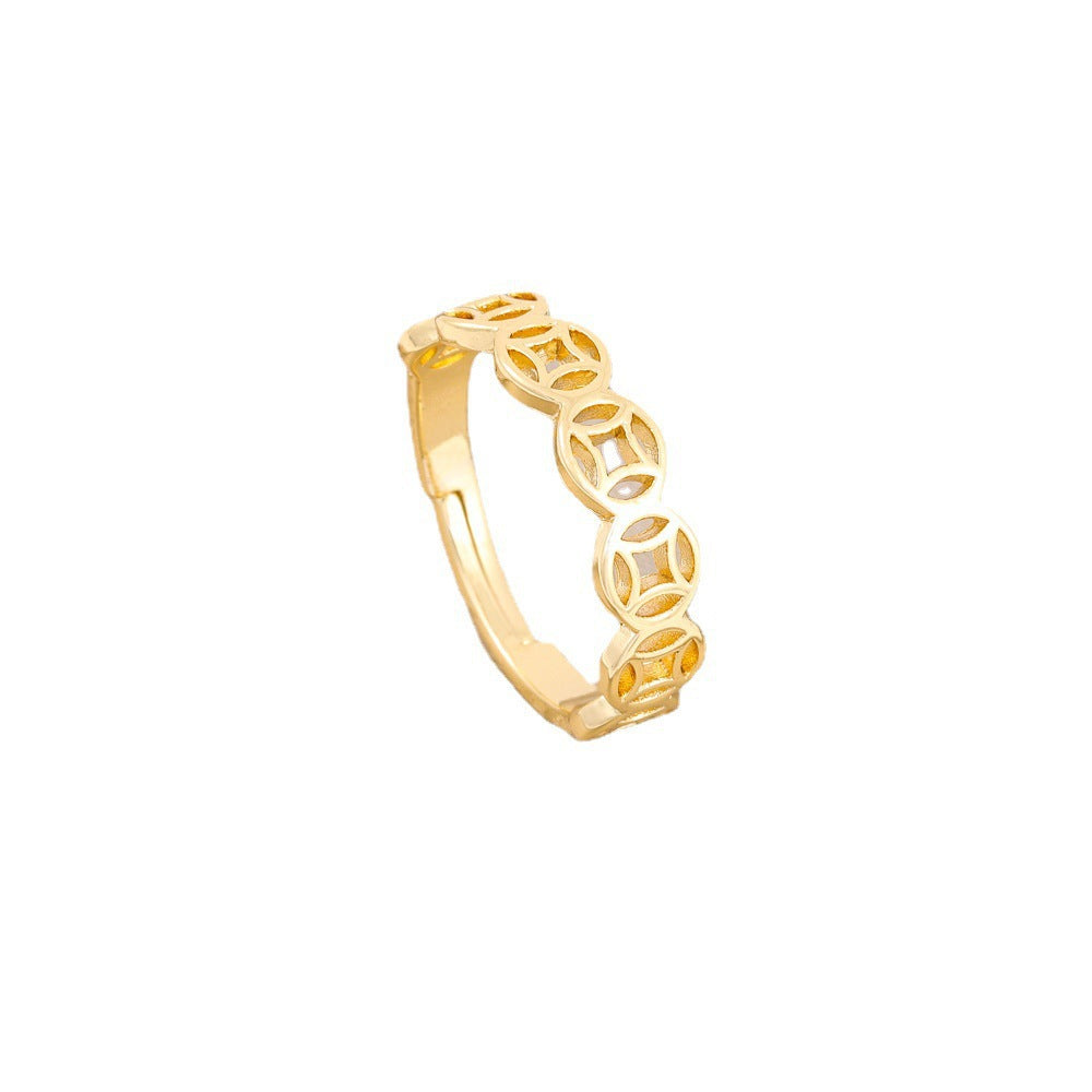 Anello a Fascia Aperta Regolabile in Rame con Placcatura in Oro 18K ad Alta Ritenzione del Colore, Design a Moneta che Preserva la Ricchezza, Anello di Moda Unisex