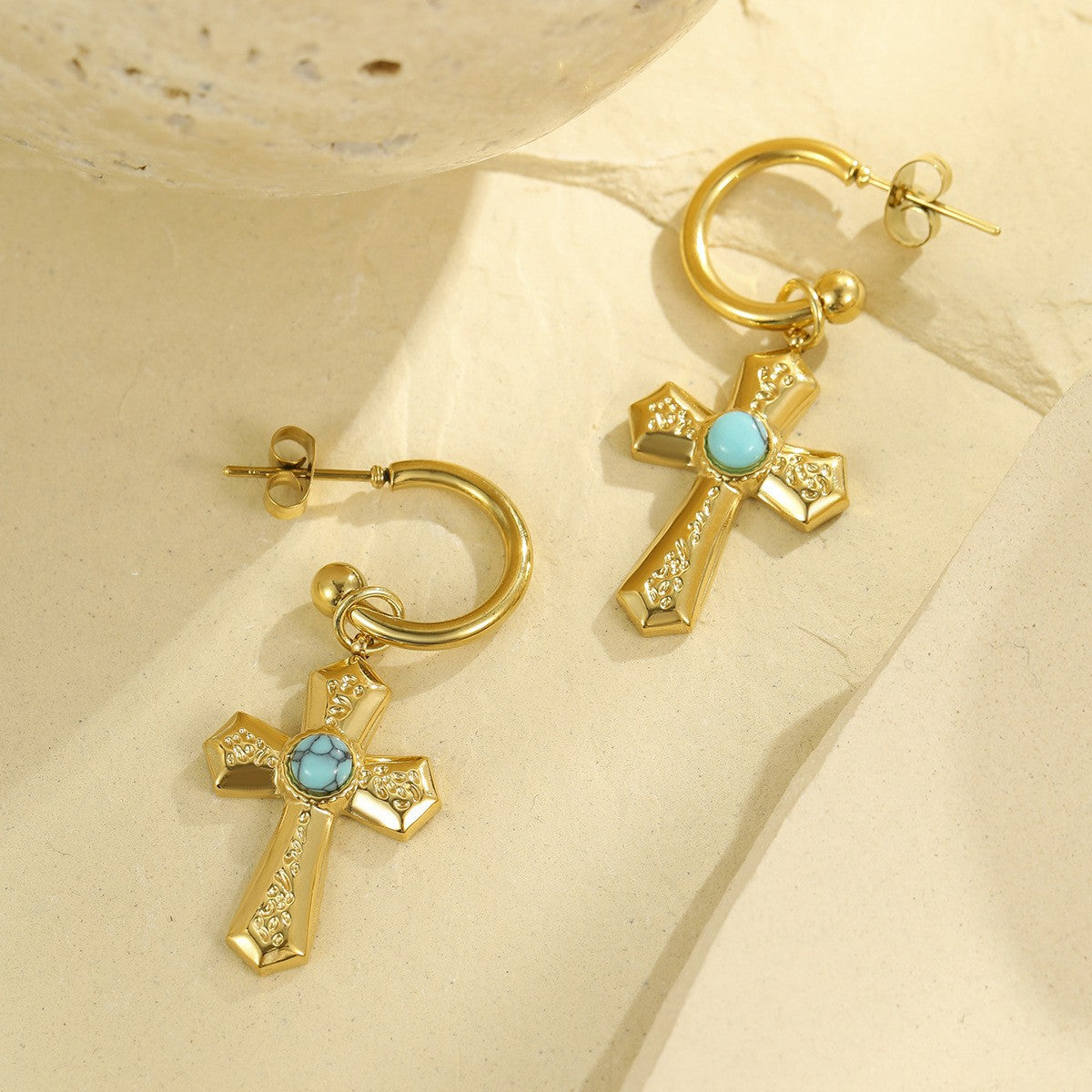 Minimalist Cross Pendant Stainless Steel Earrings with Zircon Inlay and Rhodium Plating for Women