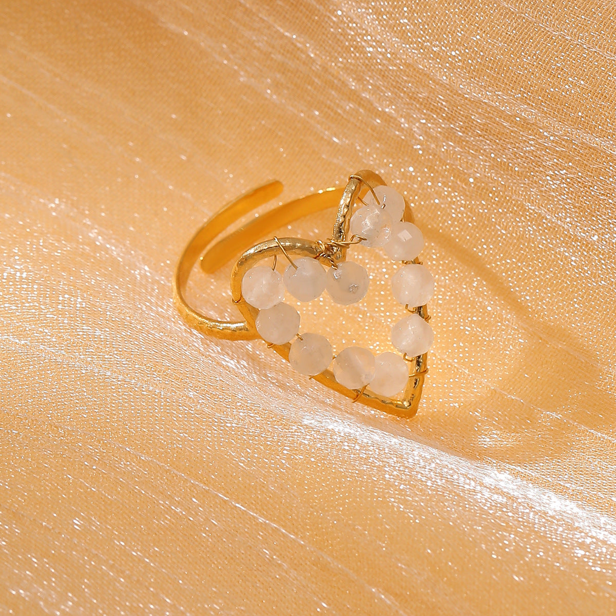 Luxury Style Heart-Shaped Stainless Steel Ring with 18K Gold Plating and Natural Stone Inlay, Pearl Accented Open Band for Women