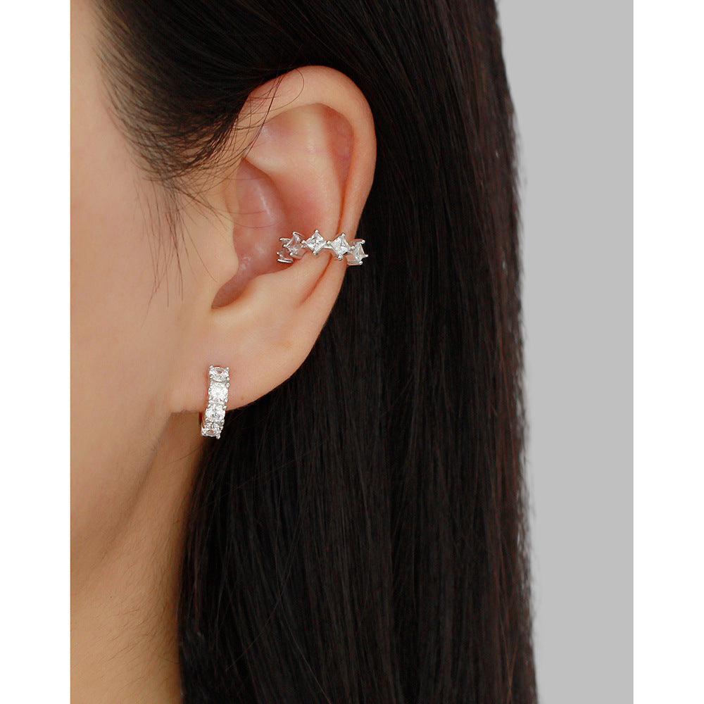 Sweet Streetwear 925 Sterling Silver Geometric Diamond Inlay Ear Cuff for Women and Men